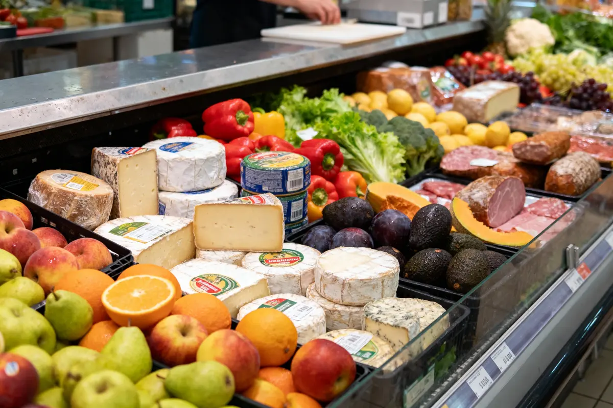 Assortiment de fromages, fruits, légumes et charcuterie sur un présentoir de marché intérieur.