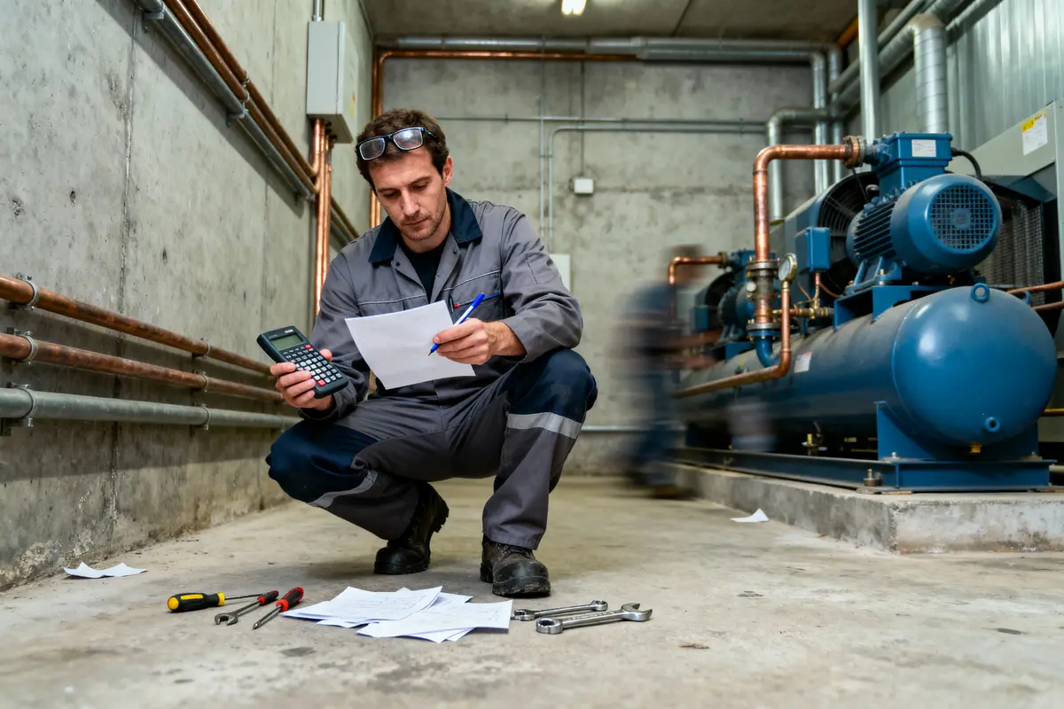 Technicien en bleu de travail, calculatrice à la main, vérifiant des documents près de machines industrielles et d'outils.