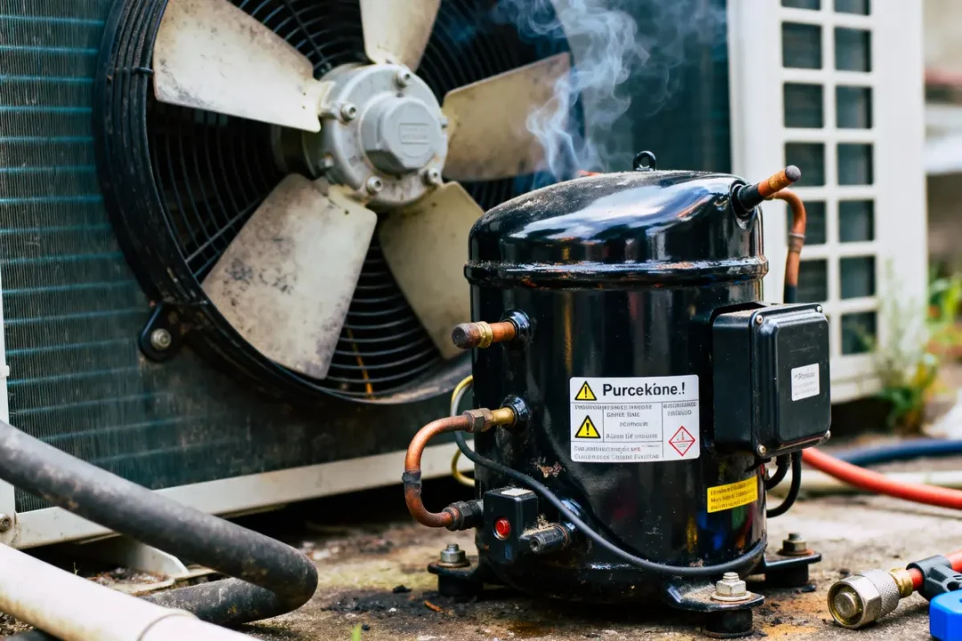 Compresseur surchauffé fumant à côté d'un ventilateur industriel avec tuyaux et étiquettes d'avertissement visibles.