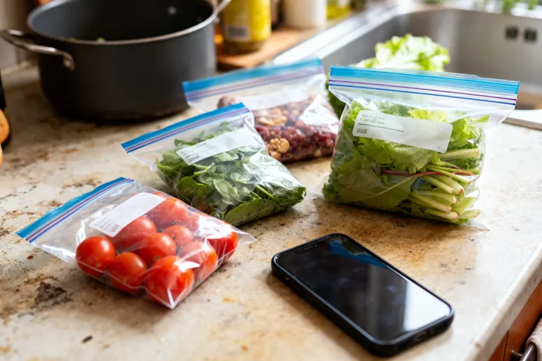 Légumes frais en sachets pour mise sous vide des aliments sur un comptoir de cuisine